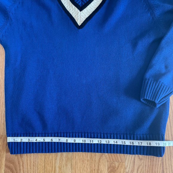 Claiborne 1990s Cricket Style Cotton Sweater Blue Cream Black Trim Size Mens Med - Picture 6 of 9
